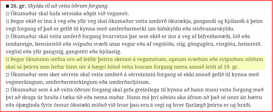 Mynd af 26 grein umferðarlaga gul yfirstrikun